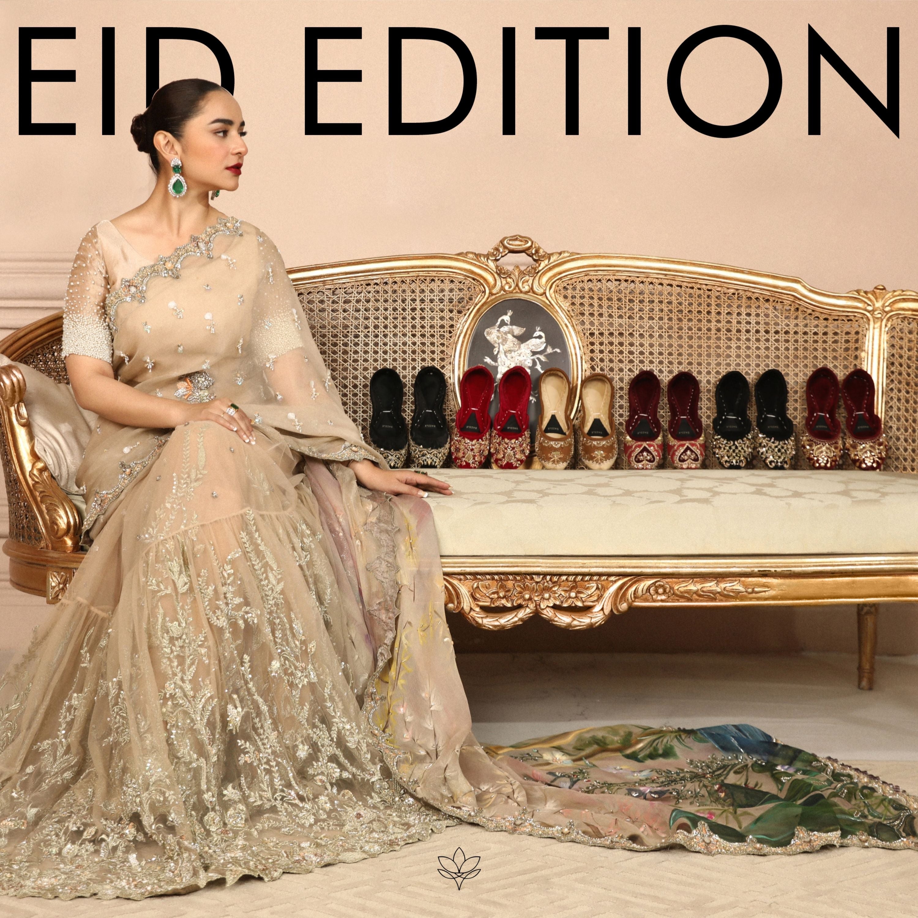 Woman in embellished dress on ornate sofa beside assorted women's khussa shoes, Eid Edition