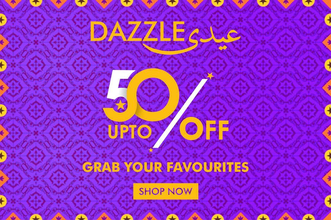 Purple ethnic patterned sale banner with 50% off offer for women's shoes, shop now button.