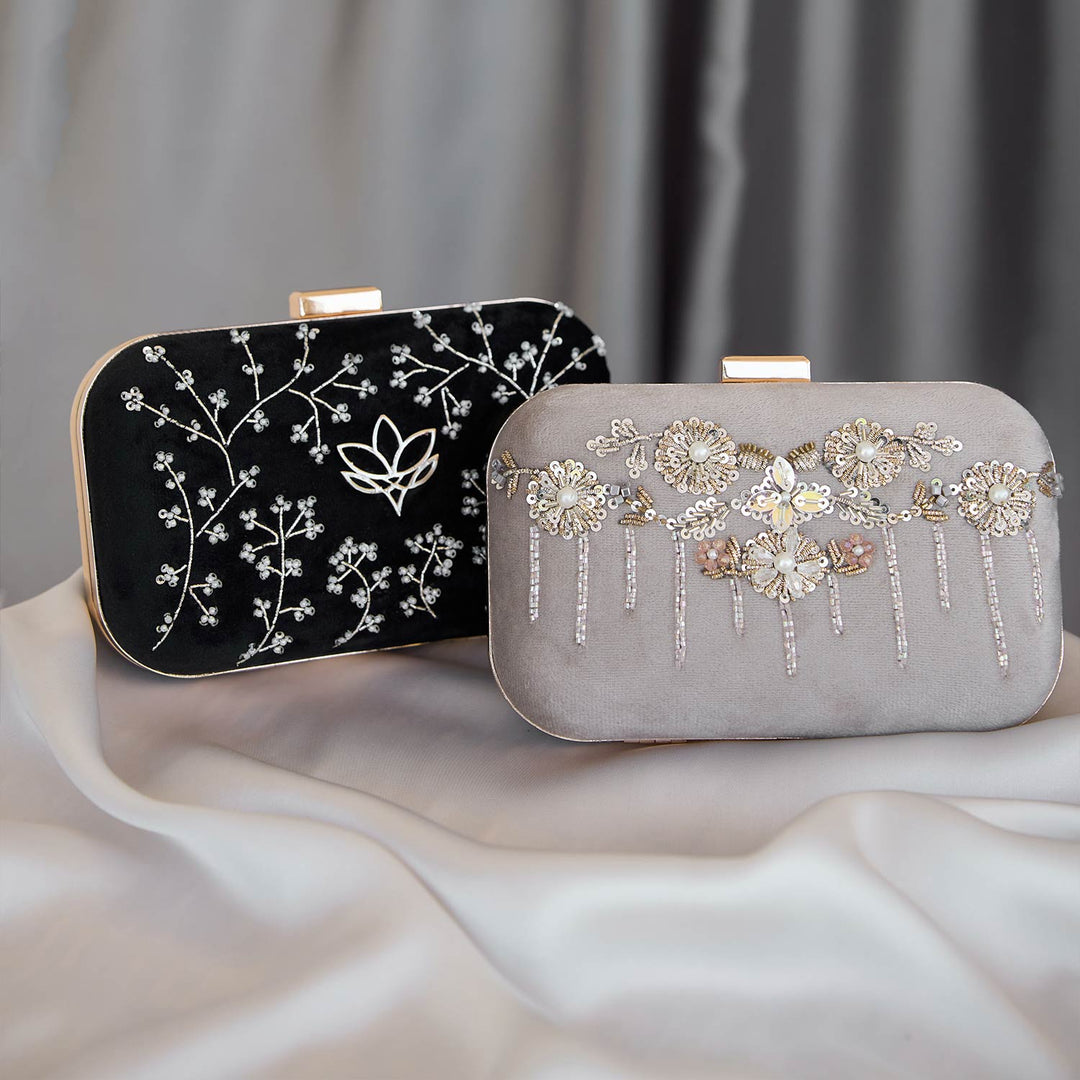 Embroidered clutch bags with floral and sequin detailing, ideal for women’s formal outfits