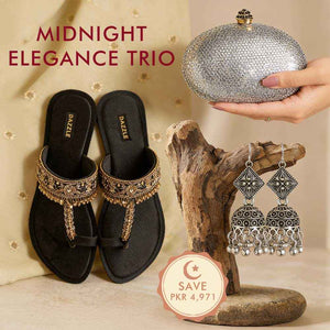 🌑 Midnight Elegance Trio - Manjhli Black, Raya Silver Clutch & Rajghungri Jhumkis - Save PKR 1,270